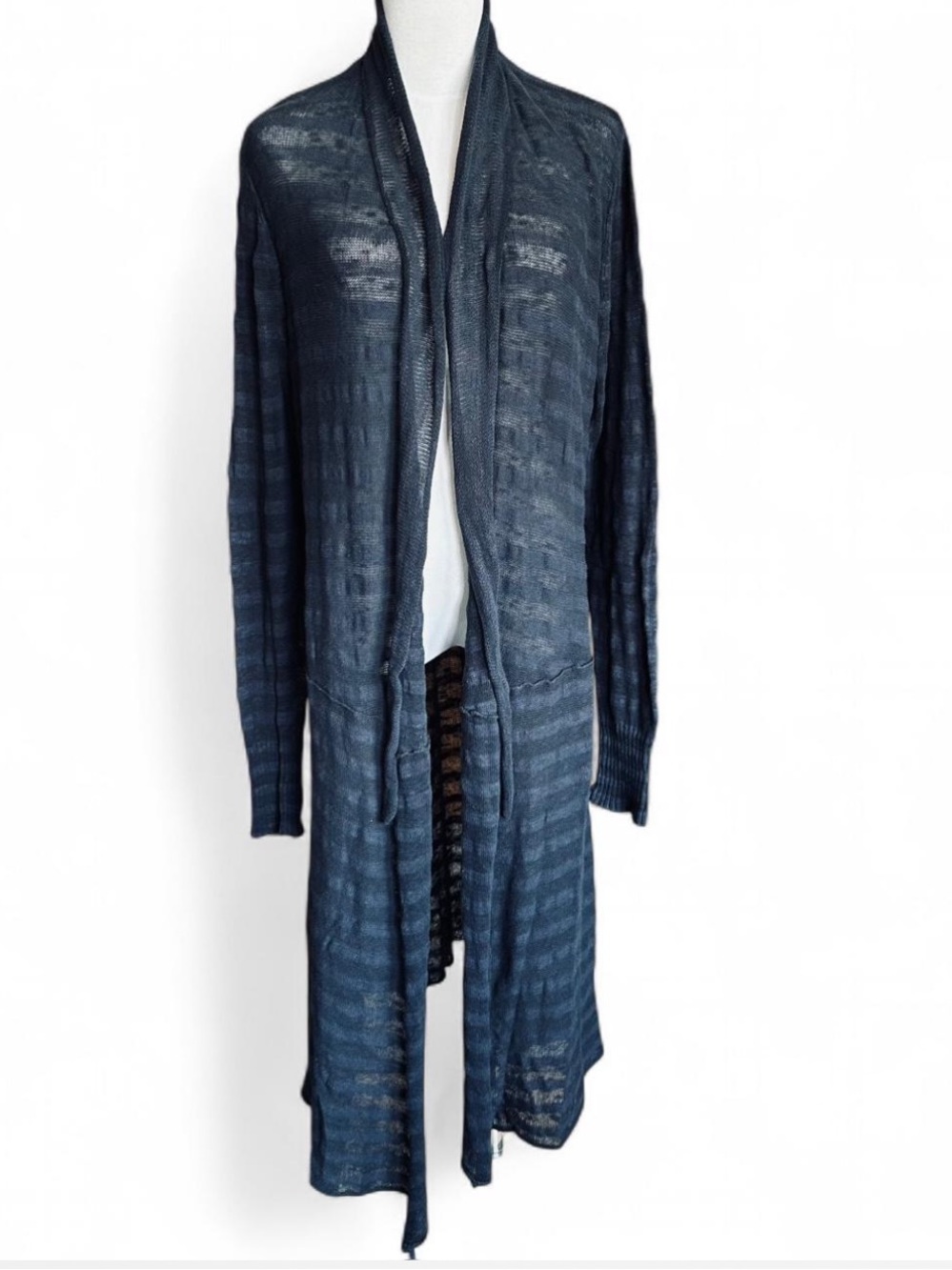 FREE PEOPLE Long Boho Ruffle Open Front Cardigan Stripe Pattern in Black — S